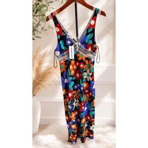 PRETTY GARBAGE Floral Satin Slip Midi Dress Lace Trim Metallic NWT Size S